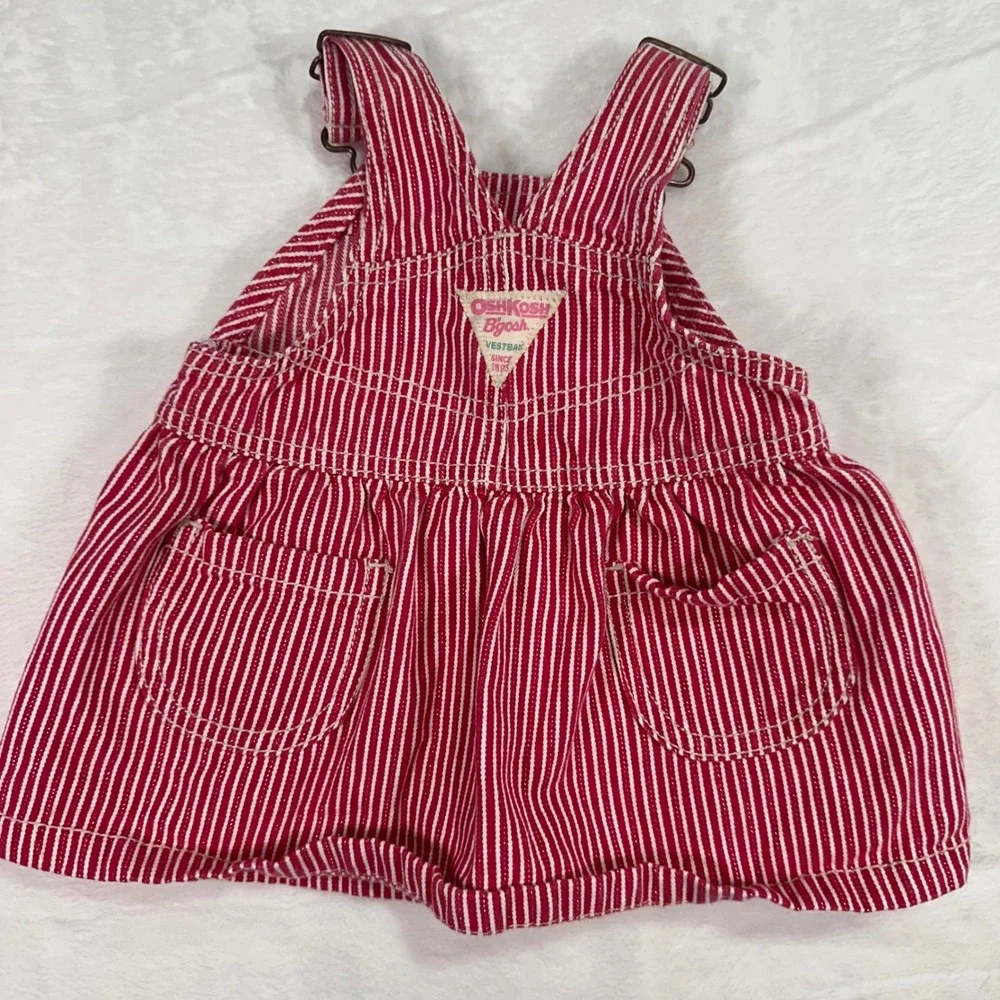 OshKosh B'gosh Overall Denim Dress 3M Red White Stripe Embroidered Vest back